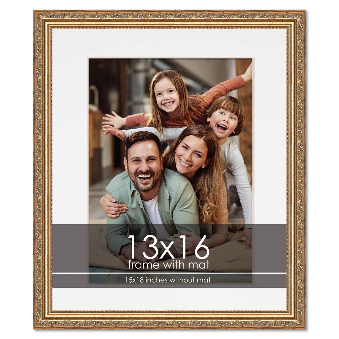 Antique Gold Frame with White Photo Mat, UV Acrylic Front, Foam Board Backing, 60 Sizes Available